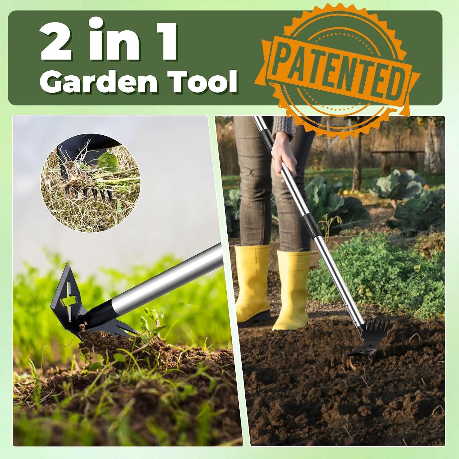 Weed Puller Tool with Long Handle, Heavy Duty Garden Hoe and Rake | 60" Manual Weeder Remover Tool, 2 in 1 Weeding Rake & Hoe for Gardening, Uprooting & Pulling Tool for Yard Lawn Patio Garden - Image 2
