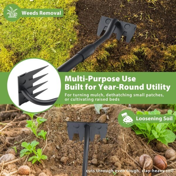 Alternative view of Manual Weeder Tool,4 Tines Garden Weeding Rake with Sharp Blade,55 Inch Long Handle,Heavy Duty Stand Weeding Tool for Weeding Loosening Soil Gathering Leaf Leveling Thatch Rake