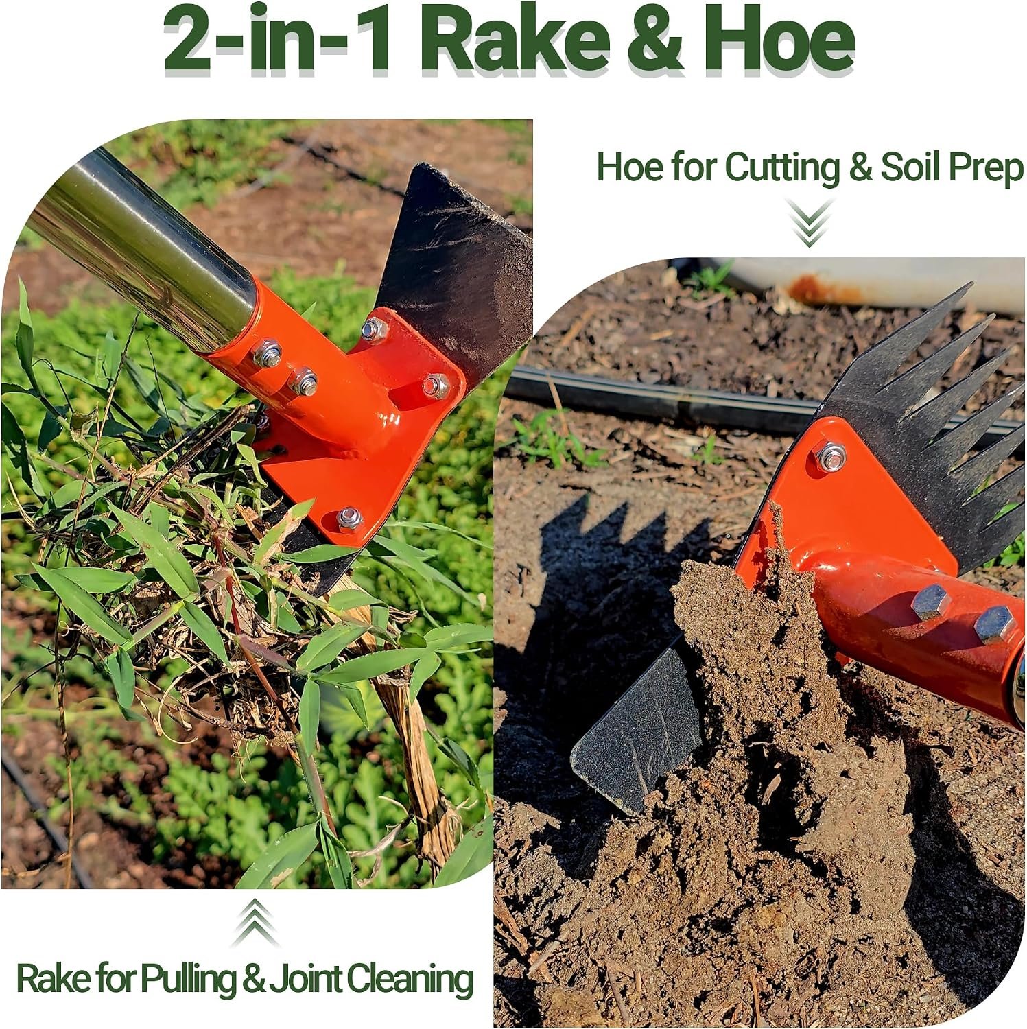 2-in-1 Garden Hoe and Weed Puller Rake 60 Inch Spring Steel Head | Adjustable Long Handle Weeding Tool Heavy Duty Sand Texture Finish, Weed Remover for Garden, Yard, Lawn, Driveway - Image 2