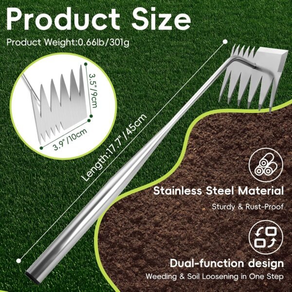 Alternative view of Weed Puller Tool,Upgraded 6 Teeth Portable Manual Weeding Tools Gardening | Dual Head Stainless Steel Hand Garden Weeding Rake,Multi-Purpose 17.7" Weed Remover Tool Weeding Tools for Gardening